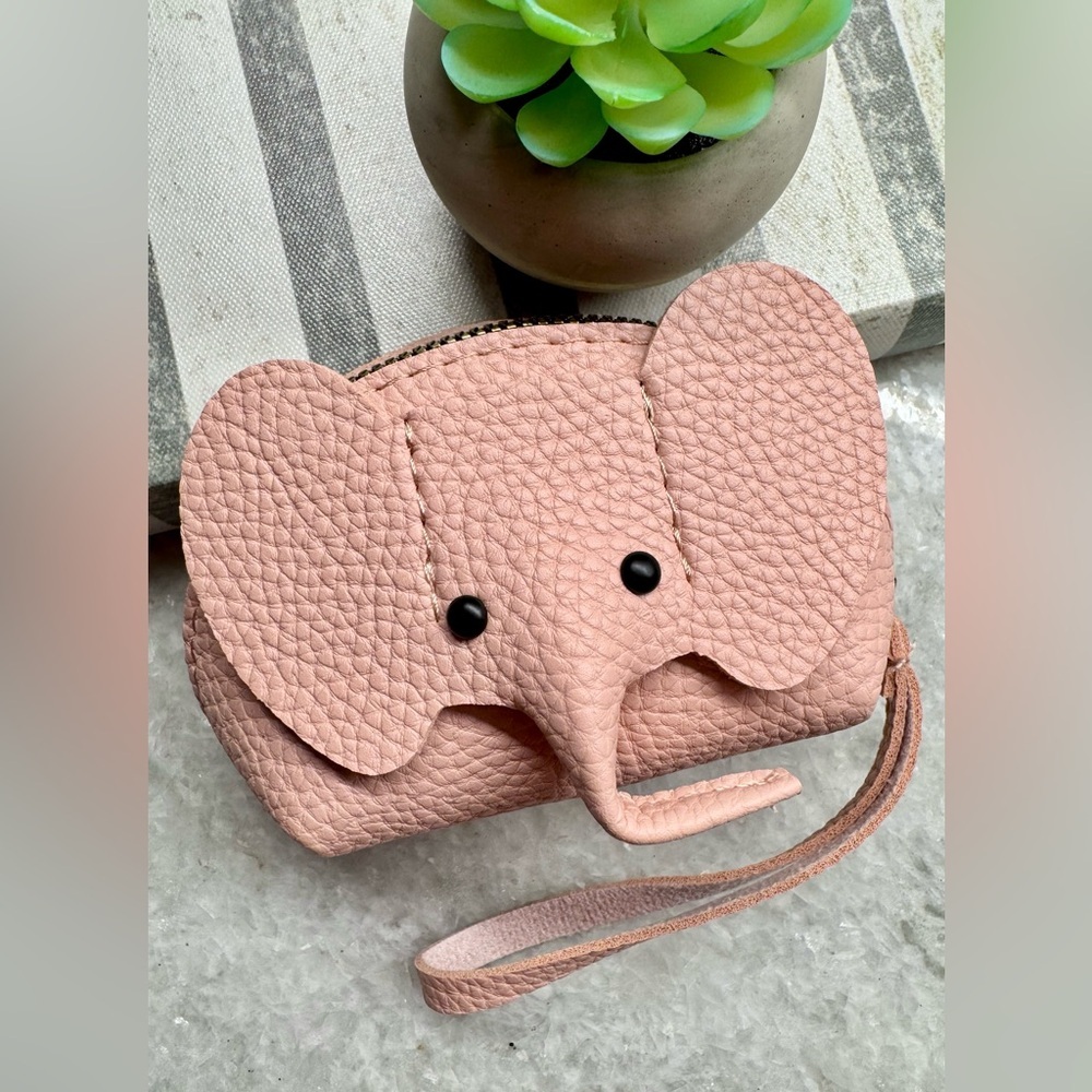 New Pink Elephant Faux Leather Zippered Coin Purse Bag Wristlet - 4.5” x 3”
